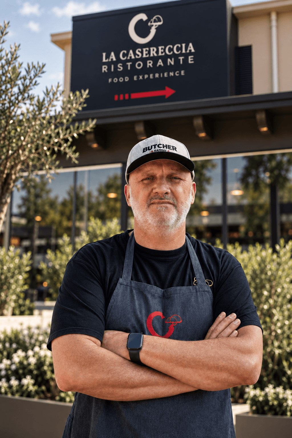 Lo chef Luigi, fondatore de La Casereccia, con cappellino e grembiule e braccia conserte davanti all'ingresso del ristorante a Casoria — insegna LA CASERECCIA RISTORANTE FOOD EXPERIENCE visibile sullo sfondo